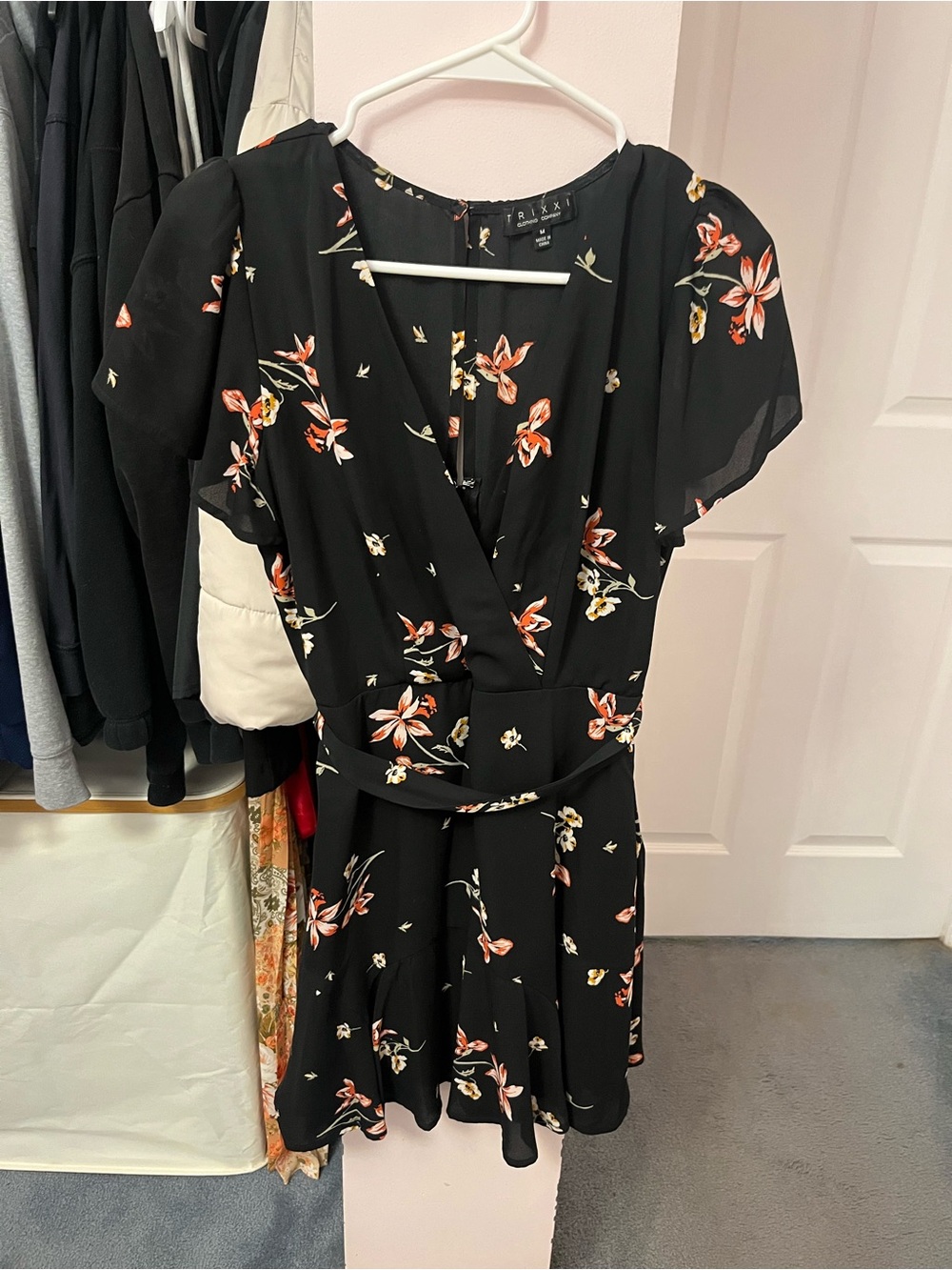 Trixxi Black Floral V-Neck Dress with Orange and Cream Blooms